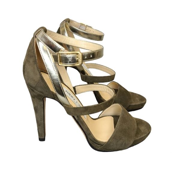 Jimmy Choo Green Suede Sandals Strappy Metallic Ankle Strap Platform Heels 36.5 - Picture 1 of 16